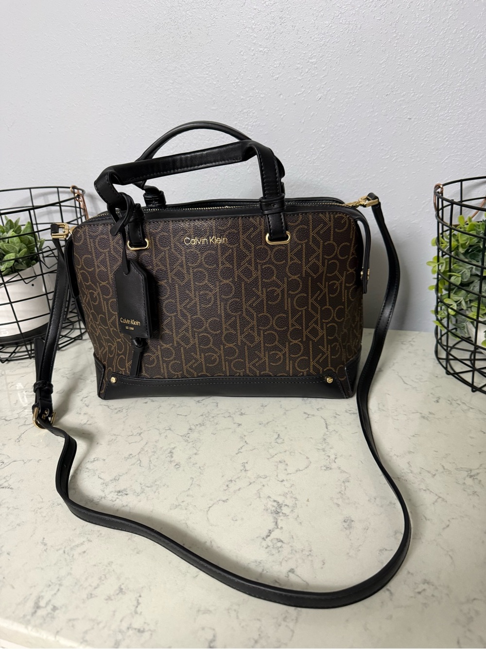 Calvin Klein Brown Monogram Satchel with Black Trim